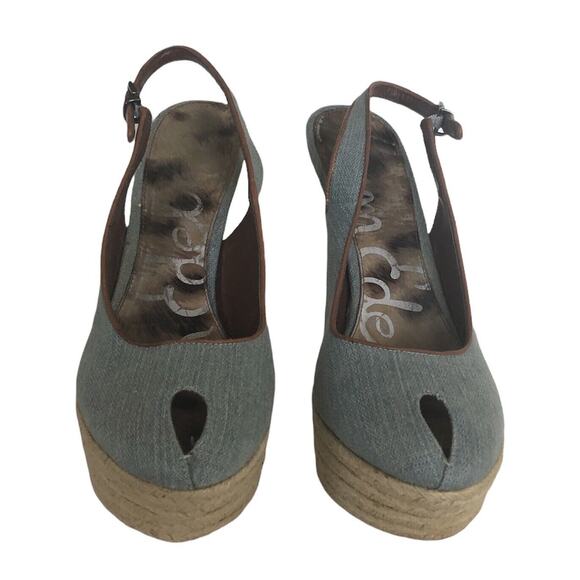 Sam Edelman Denim Chambray Canvas Novato Platform Peep Toe Stiletto Heels, Sz 8 - Picture 1 of 6